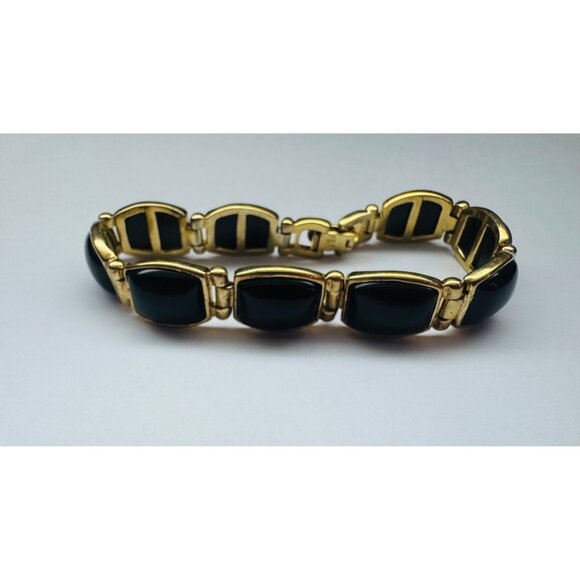 Estate Black Onyx Bracelet Gold Over Sterling Silver 925, 7.85", 30g, Marked - Picture 1 of 9
